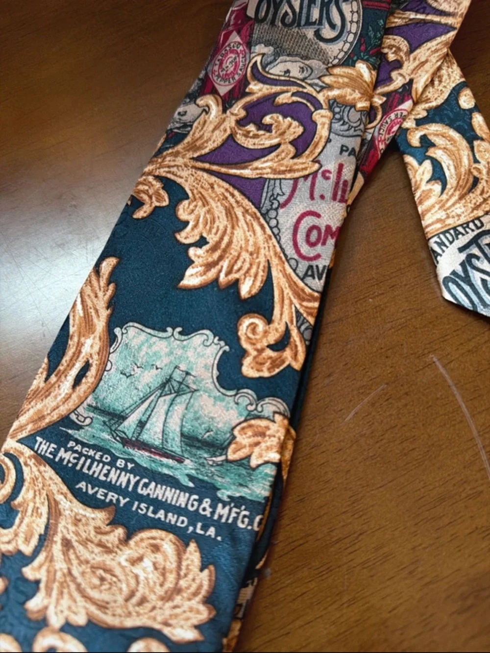 Tabasco Decorative Scroll Pattern Tie in Teal, Purple and Tan